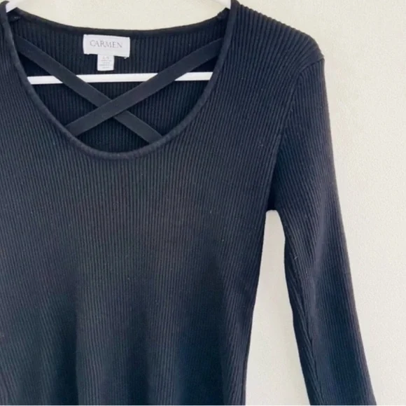 Carmen Marc Valvo Black Stretchy Knit Ribbed Long Sleeve Top Large - Picture 3 of 6